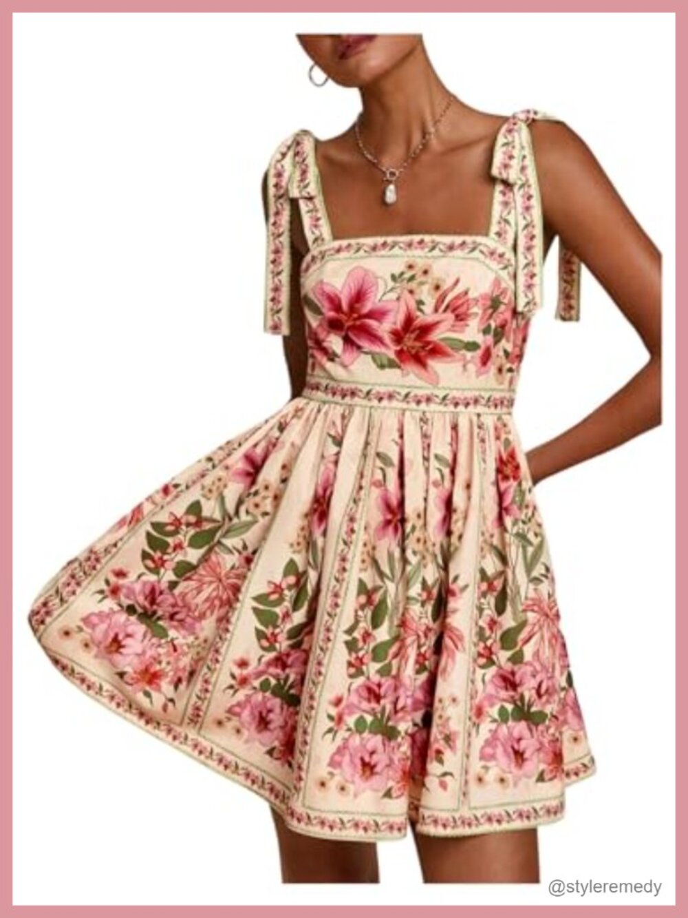 Boho Floral Mini Sundress Square Neck Tie Shoulder Sleeveless Summer